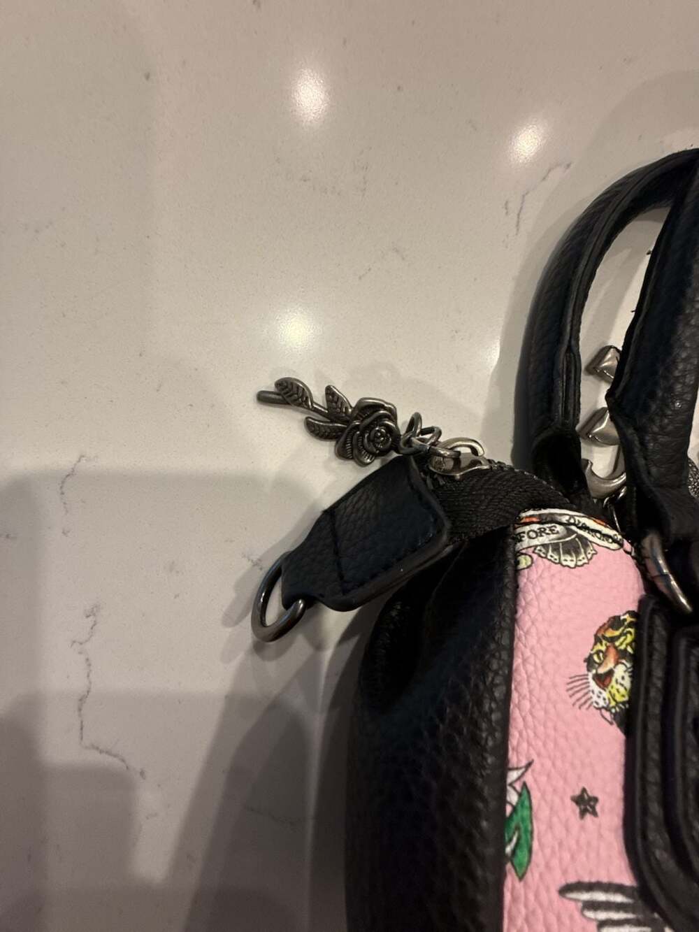 Ed Hardy Pink Tattoo Print Vegan Leather Studded Small Satchel Bag NWT - Picture 6 of 13